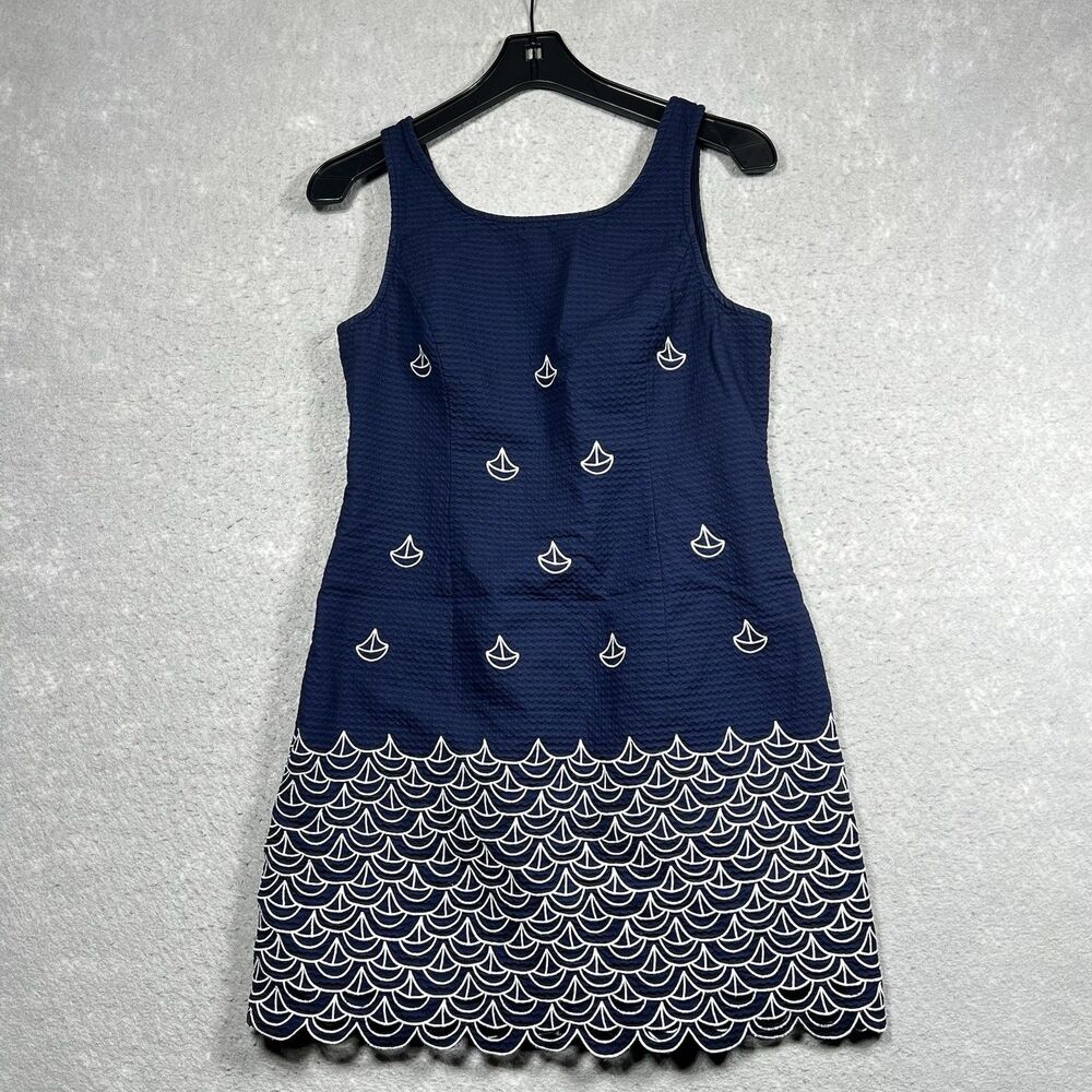 Lilly Pulitzer Dress Womens 8 Navy blue Nautical Sailboat Embroidered Sleeveless